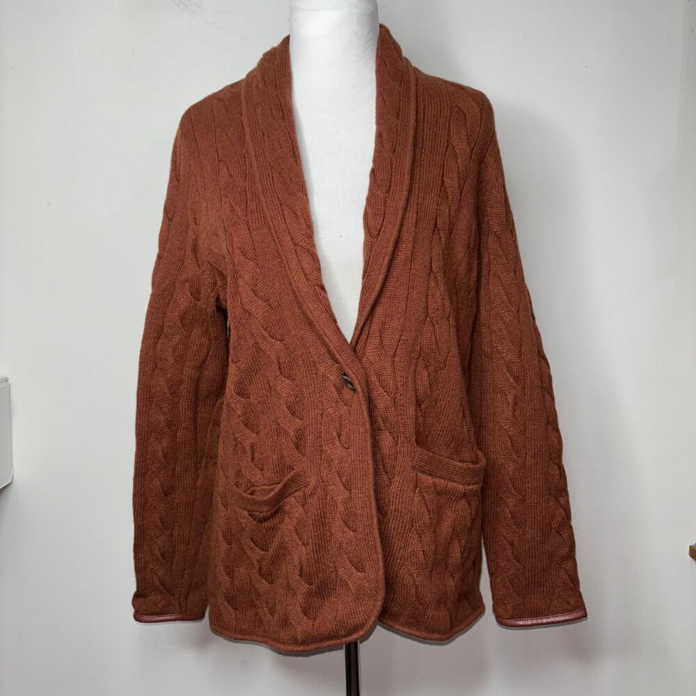 Talbots Wool Blend Cable Knit Cardigan Sweater M Brown Faux Leather Trim - Picture 1 of 14